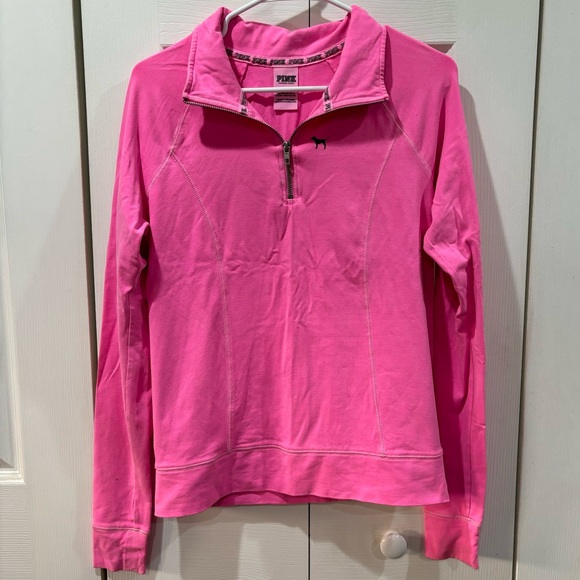 PINK Victoria's Secret Sweaters - VS PINK Women’s Neon Pink V-Neck Quarter Zip Long Sleeve Sweater Top - size S